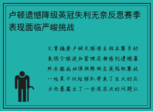 卢顿遗憾降级英冠失利无奈反思赛季表现面临严峻挑战